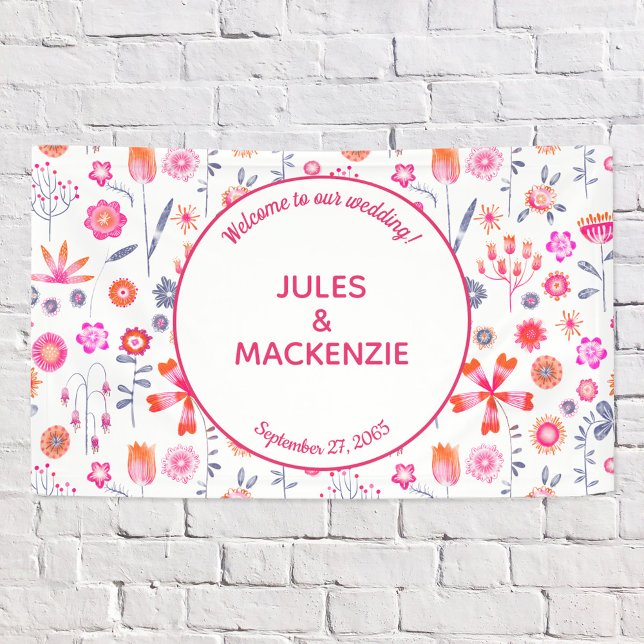 Modern Pink Floral Boho Wedding Banner (Modern floral pink and white wedding welcome banner sign)