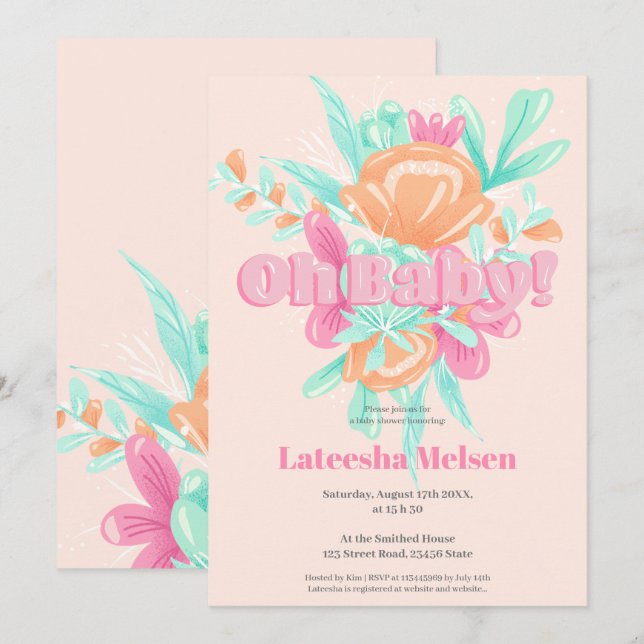 Modern pink floral calligraphy retro baby shower invitation (Front/Back)