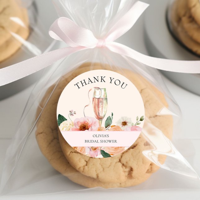 Modern Pink Floral Champagne Bridal Shower Classic Round Sticker (Creator Uploaded)