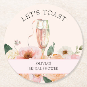 Modern Pink Floral Champagne Bridal Shower Round Paper Coaster