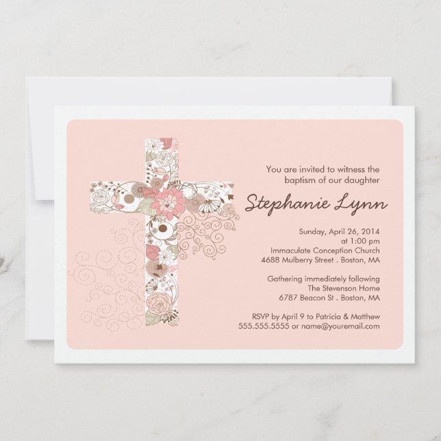 Modern Pink Floral Cross Girls Baptism Invitation (Front)