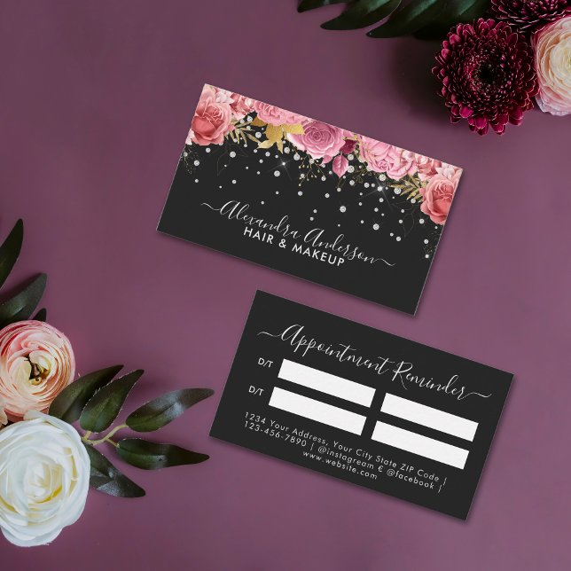 Modern Pink Floral Diamonds Glitter Beauty Salon  Appointment Card (Modern Pink Floral Diamonds Glitter Beauty Salon Appointment Card)