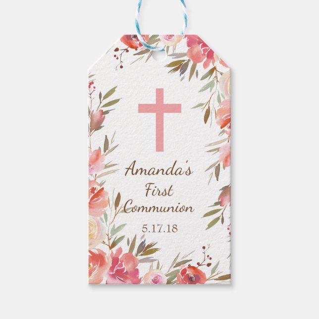 Modern Pink Floral First Communion Gift Tag (Front)