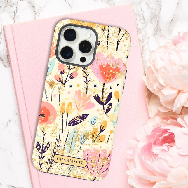 Modern Pink Floral Glitter Chic Personalized Name iPhone Case (Creator Uploaded)