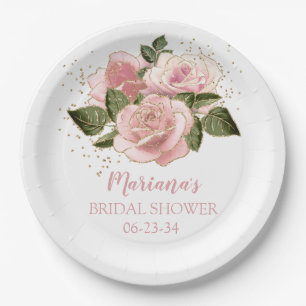 Modern Pink Floral Gold Bridal Shower Paper Plate