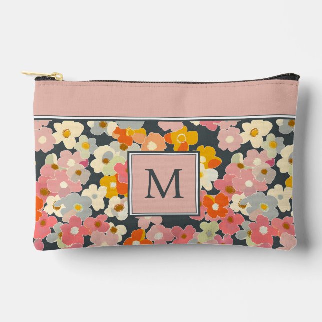 Modern Pink Floral Monogram Initial Accessory Pouch (Front)