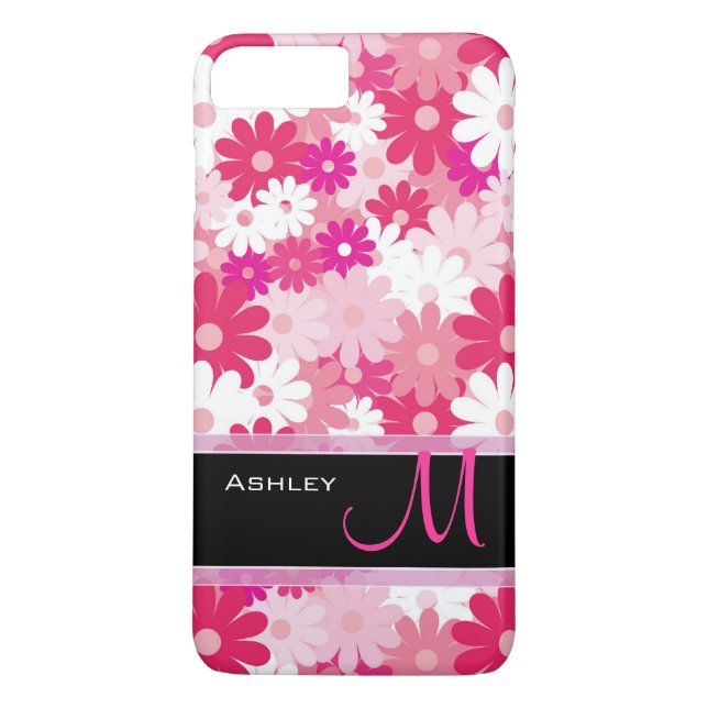 Modern Pink Floral Pattern Daisy Flowers Monogram Case-Mate iPhone Case (Back)