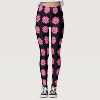 Modern Pink Floral Pattern on Black Background Leggings