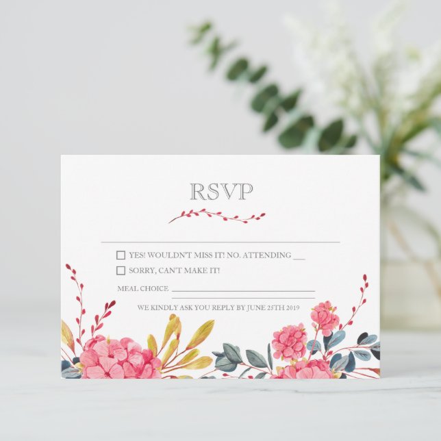 Modern Pink Floral Pretty  RSVP Card (Standing Front)