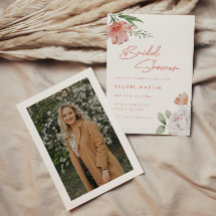 Modern Pink Floral Script Photo Bridal Shower