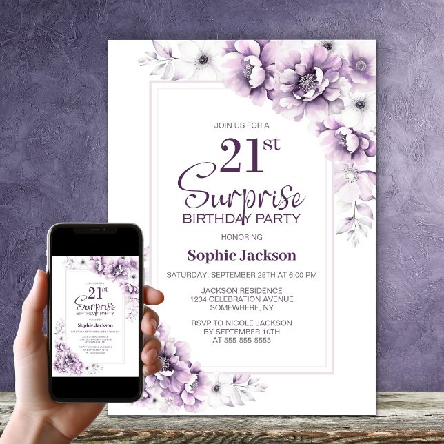 Modern Pink Floral Surprise 21st Birthday Party Invitation (Creator Uploaded)