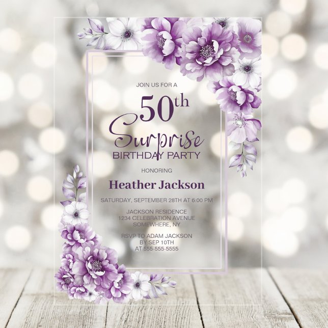 Modern Pink Floral Surprise 50th Birthday Party Acrylic Invitations (Creator Uploaded)