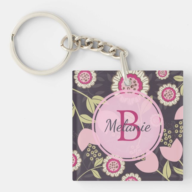 Modern Pink Floral Tulip Pattern Personalised Keychain (Front)