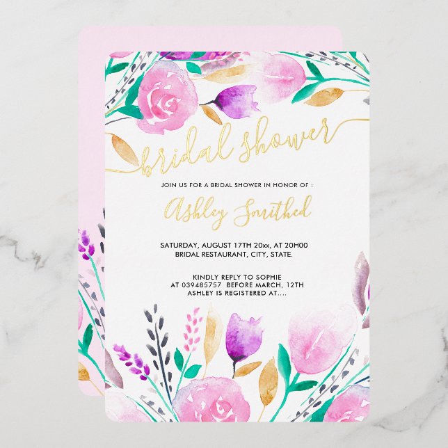 Modern pink floral watercolor bridal shower invita (Front/Back)
