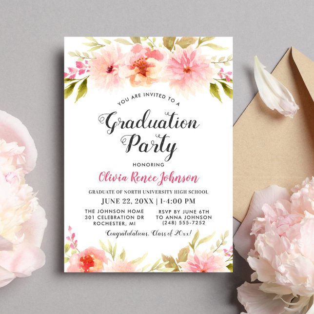 Modern Pink Floral Watercolor Graduation Party Invitation (Creator Uploaded)