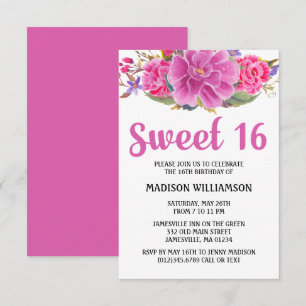 Modern Pink Floral Watercolor Sweet 16 Birthday Invitation