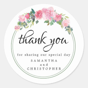 Modern Pink Floral Wedding Favour Thank You Classic Round Sticker