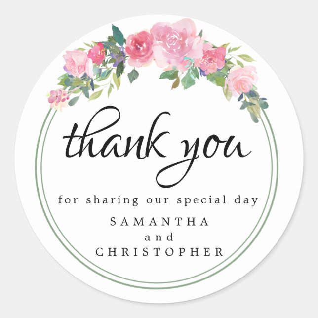 Modern Pink Floral Wedding Favour Thank You Classic Round Sticker (Front)