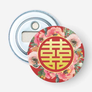 Modern pink floral wreath chinese wedding bottle opener