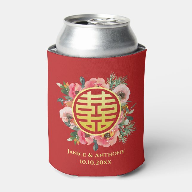 Modern pink floral wreath chinese wedding can cooler (Can Front)