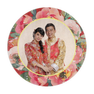 Modern pink floral wreath chinese wedding photo cutting board