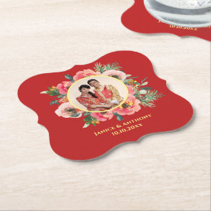 Modern pink floral wreath chinese wedding photo paper coaster
