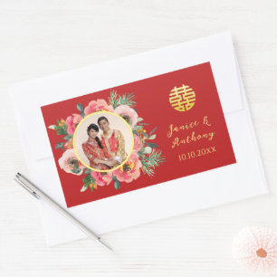 Modern pink floral wreath chinese wedding photo sticker