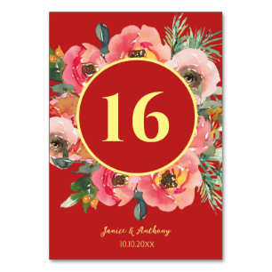 Modern pink floral wreath chinese wedding table number