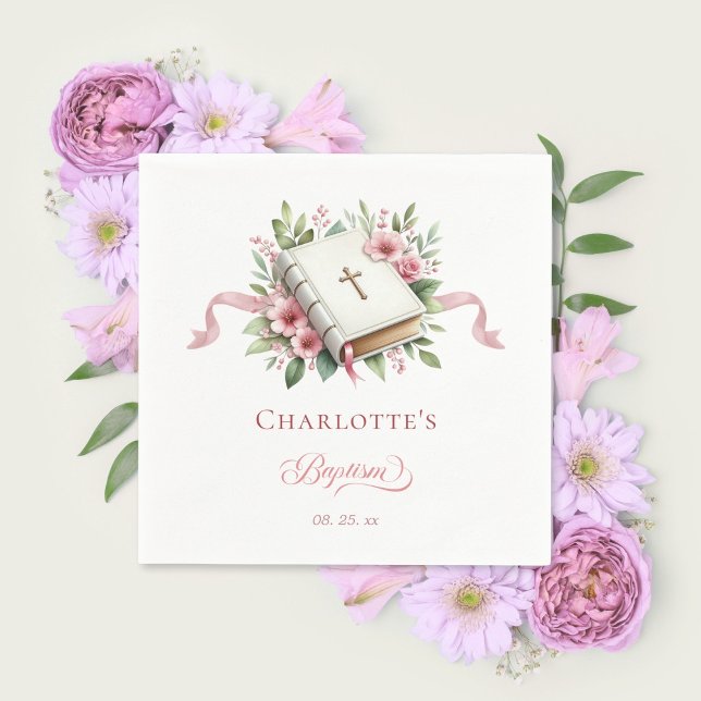 Modern Pink Flower Baptism Paper Napkin (Creator Uploaded)