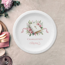 Modern Pink Flower Baptism Paper Plate