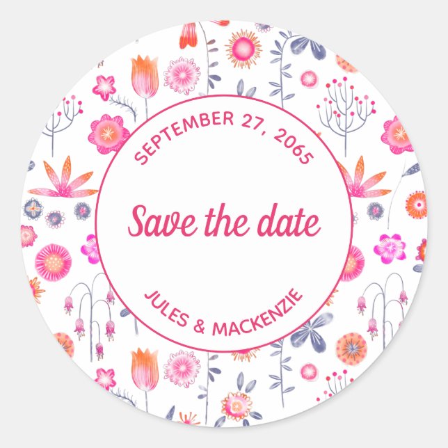 Modern Pink Flower Garden Boho Save the Date Classic Round Sticker (Front)