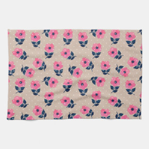 Modern Pink Flowers Beige Polka Dots Kitchen Towel