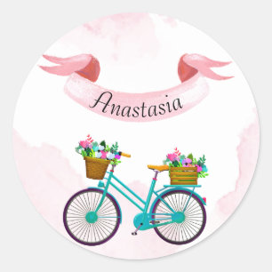 Modern Pink Flowers Bicycles Classic Round Sticker