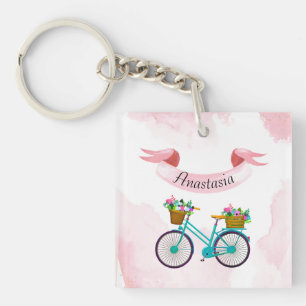 Modern Pink Flowers Bicycles Keychain
