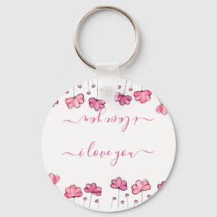 Modern Pink Flowers, I love you   Keychain