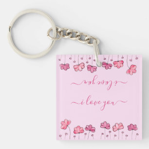 Modern Pink Flowers, I love you Keychain
