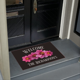 Modern Pink Flowers On Black Personalized Doormat