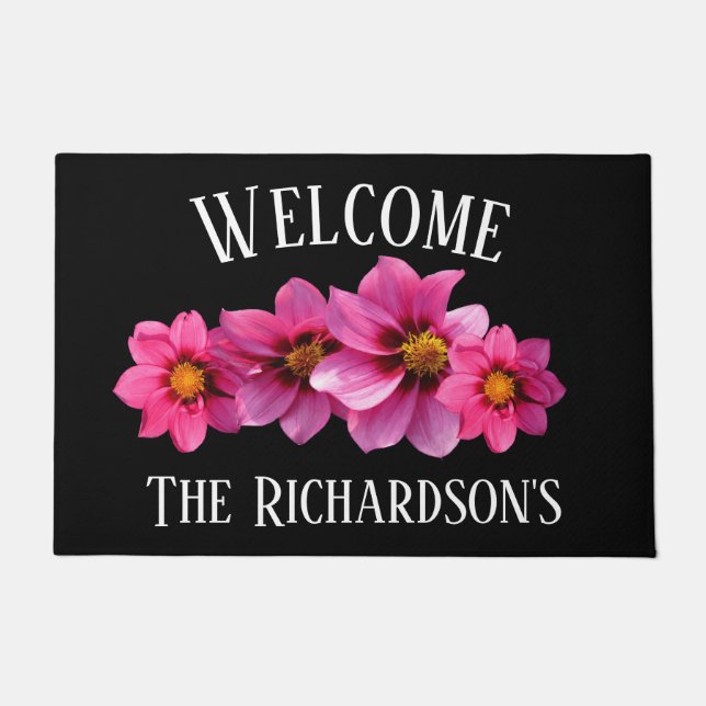 Modern Pink Flowers On Black Personalized Doormat (Front)