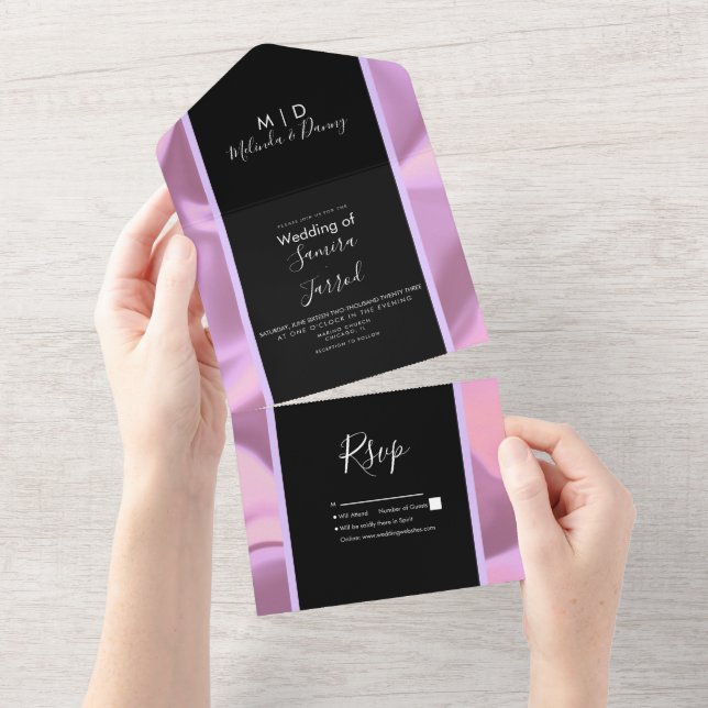 Modern Pink Foil Black Shiny Wedding  All In One Invitation (Tearaway)