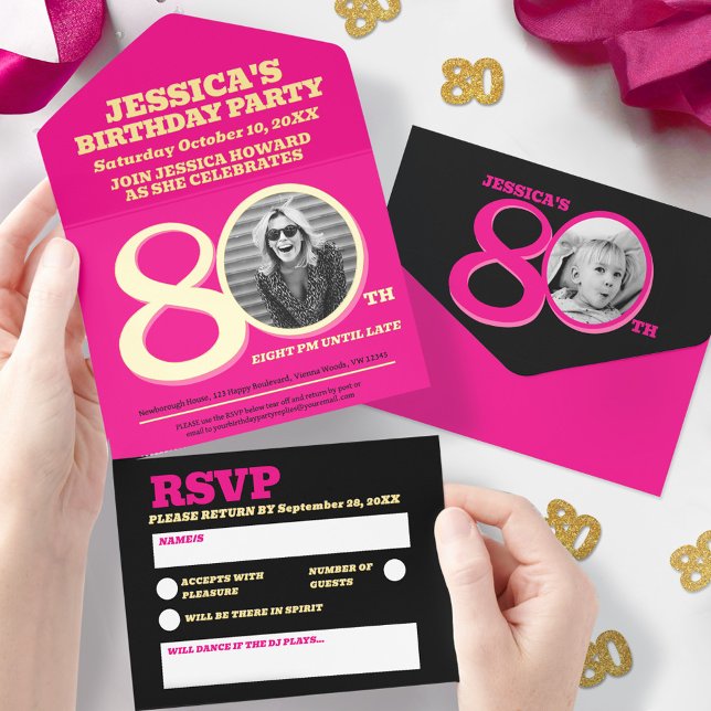  Modern pink foil two photos 80th Birthday All In One Invitation (Creator Uploaded)