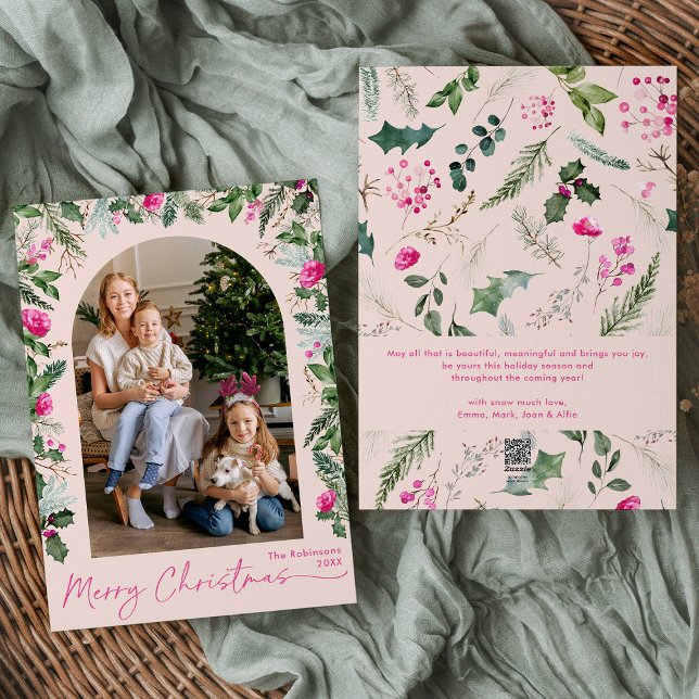 Modern Pink Foliage Arch Merry Christmas 1 Photo Holiday Card (Creator Uploaded)