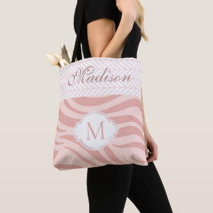 Modern Pink Geometric Zebra Trendy Monogram Tote Bag