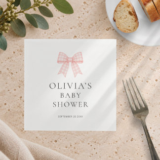 Modern Pink Gingham Bow Baby Shower  Napkin