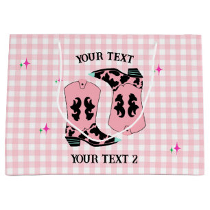 Modern Pink Gingham Cowgirl Boots Rodeo  Large Gift Bag