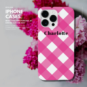 Modern Pink Gingham iPhone Case with Name