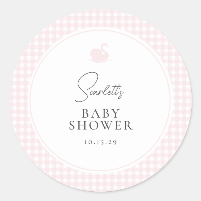 Modern Pink Gingham Swan Baby Shower  Classic Round Sticker (Front)