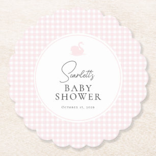 Modern Pink Gingham Swan Baby Shower Coaster