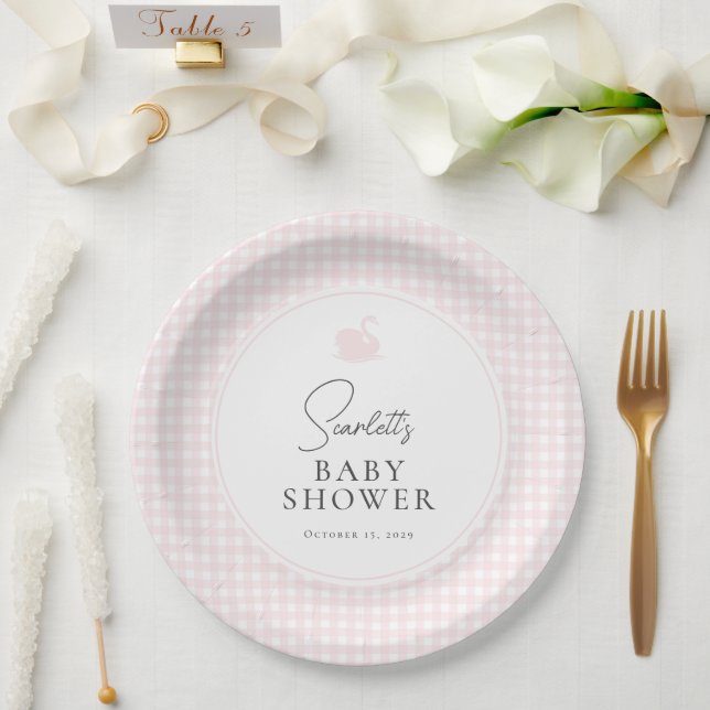 Modern Pink Gingham Swan Baby Shower  Paper Plate (Wedding)