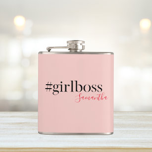 Modern Pink Girl Boss & Name   best Girly Gift Hip Flask