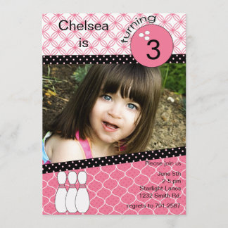 Modern pink girls bowling invitation with photo